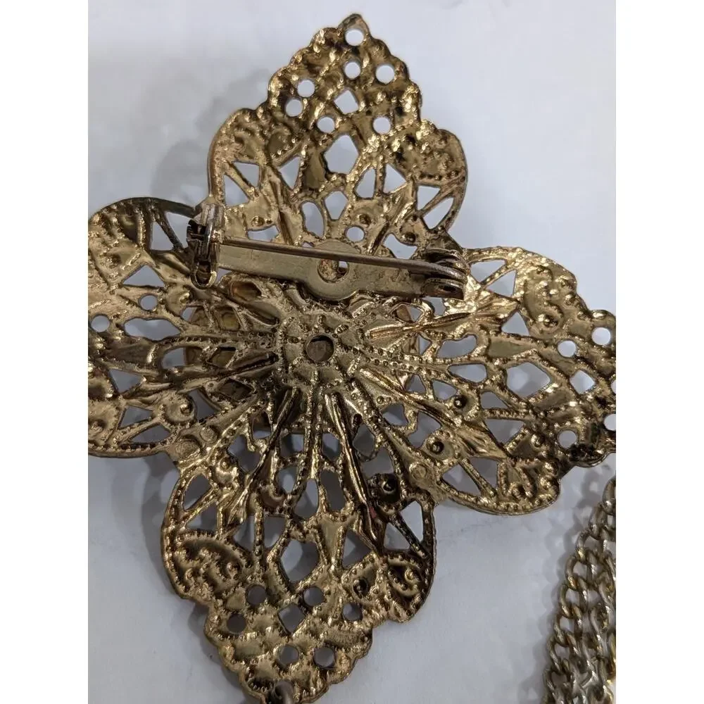 Vintage Victorian Revival Maltese Cross Brooch Gold Tone Filigree Black Cabochon
